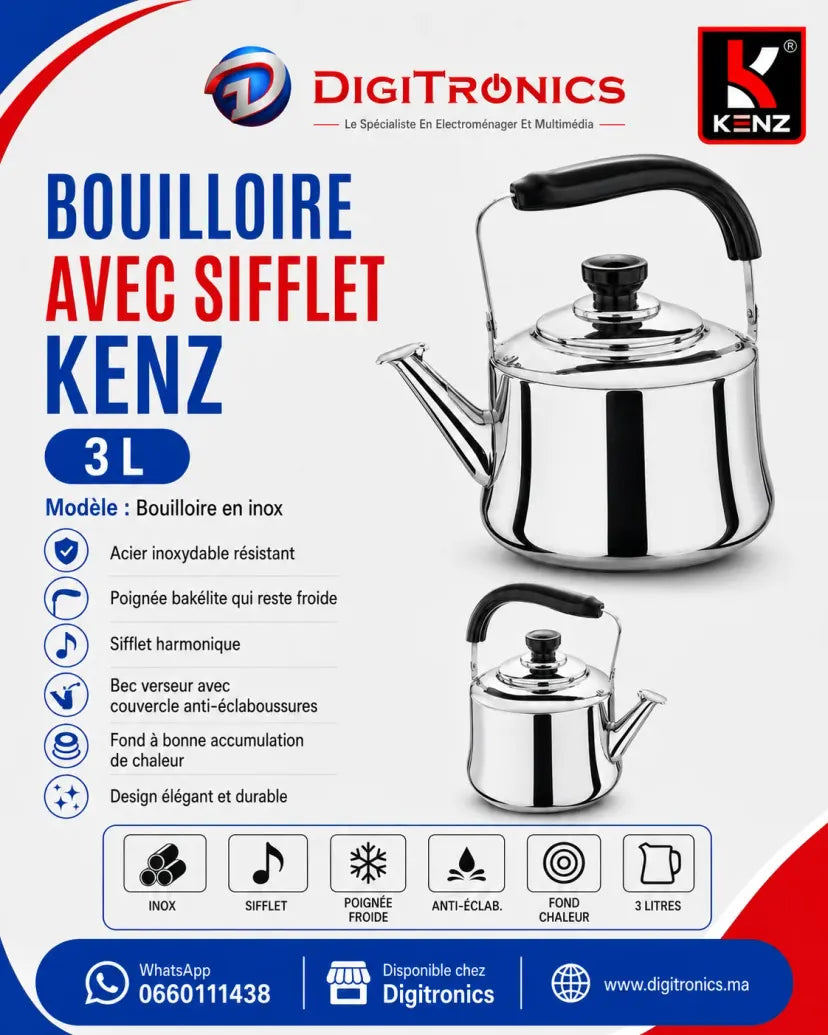 Bouilloire en Acier Inoxydable avec Sifflet 3 Litres