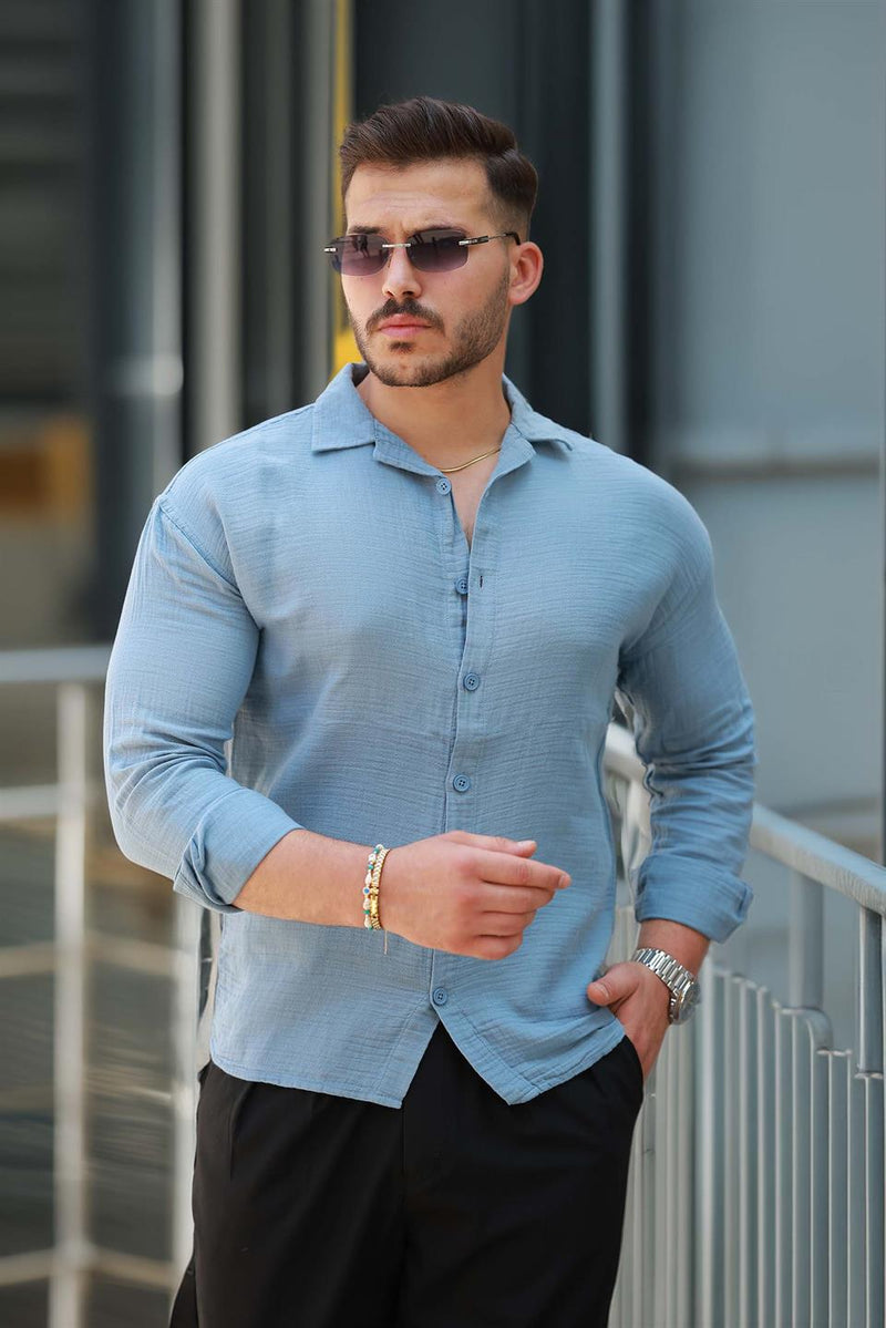 Chemise Homme Oversize en Mousseline de Coton à Col Cubain