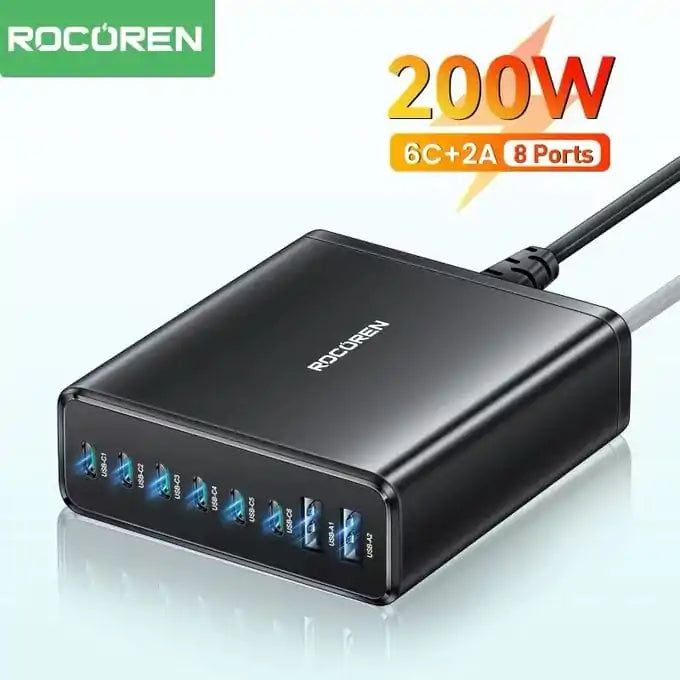 شاحن مكتبي متعدد المنافذ  Rocoren 200 واط – 8 منافذ للشحن السريع 