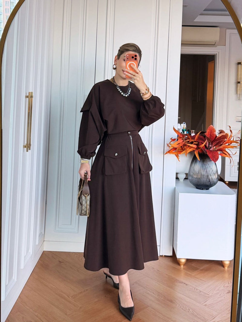 Ensemble femme tunique et jupe zippée – Style moderne avec détails poches