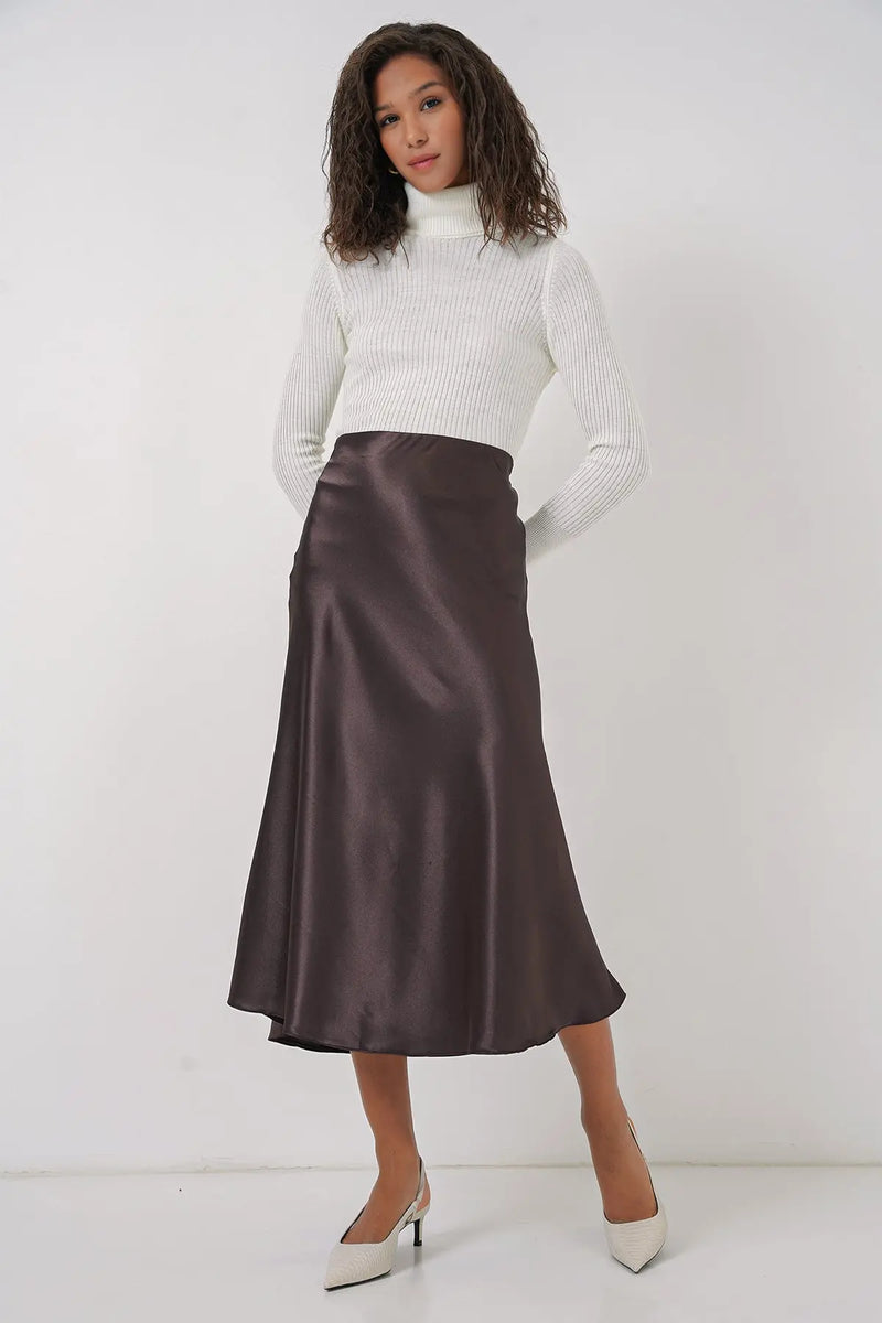 Jupe satin femme – Jupe midi fluide élégante 100% polyester