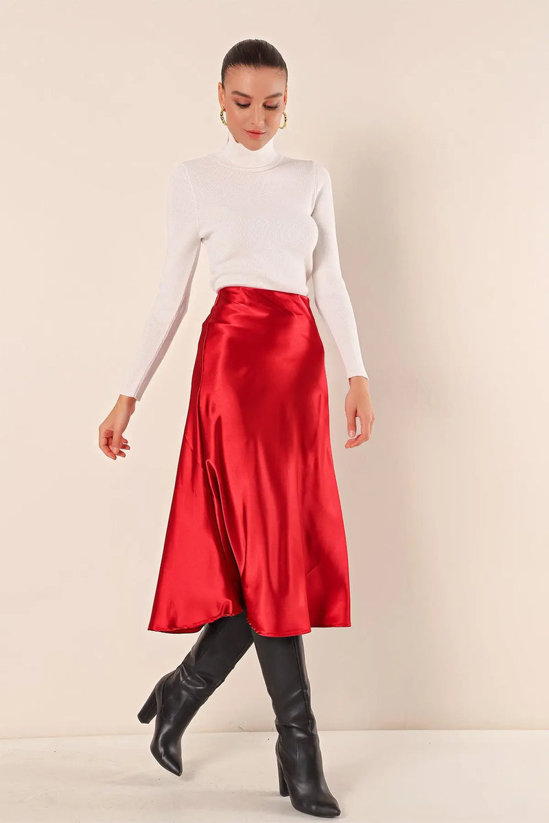 Jupe satin femme – Jupe midi fluide élégante 100% polyester
