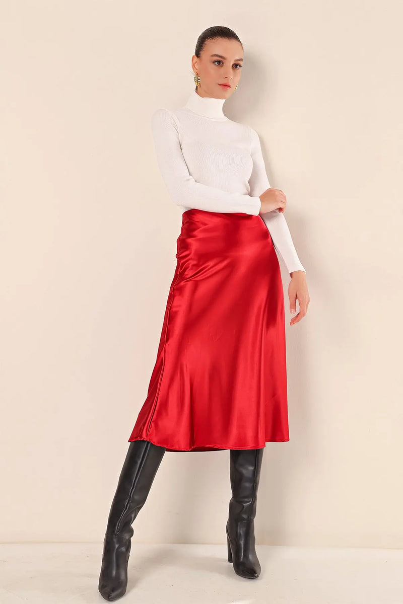 Jupe satin femme – Jupe midi fluide élégante 100% polyester