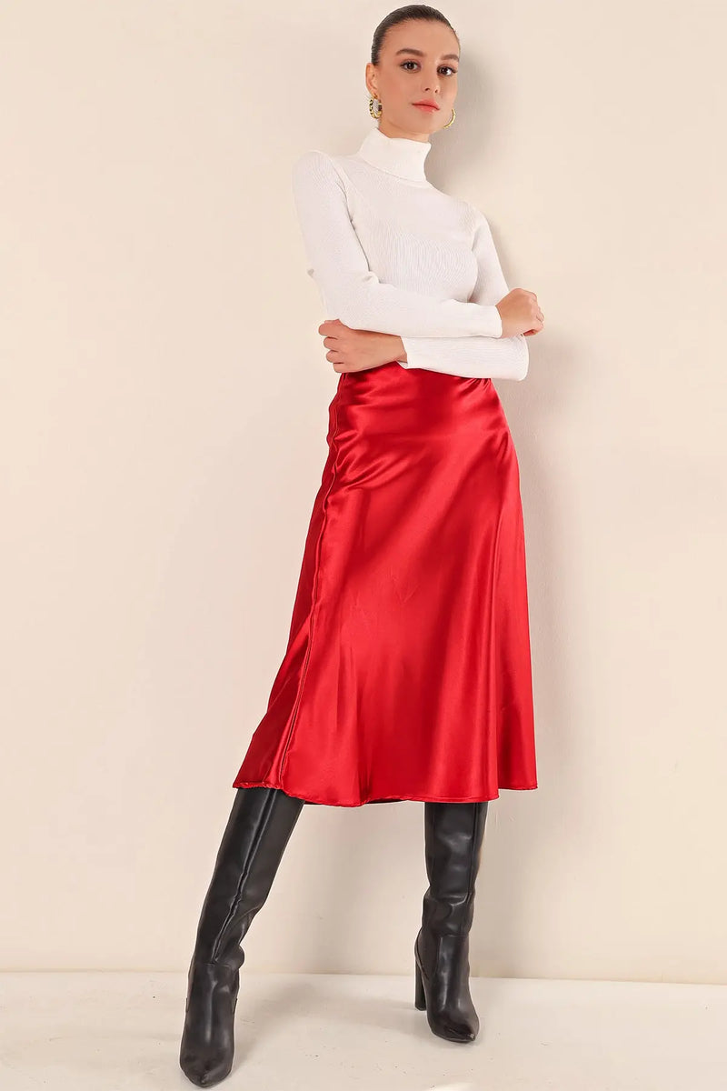 Jupe satin femme – Jupe midi fluide élégante 100% polyester
