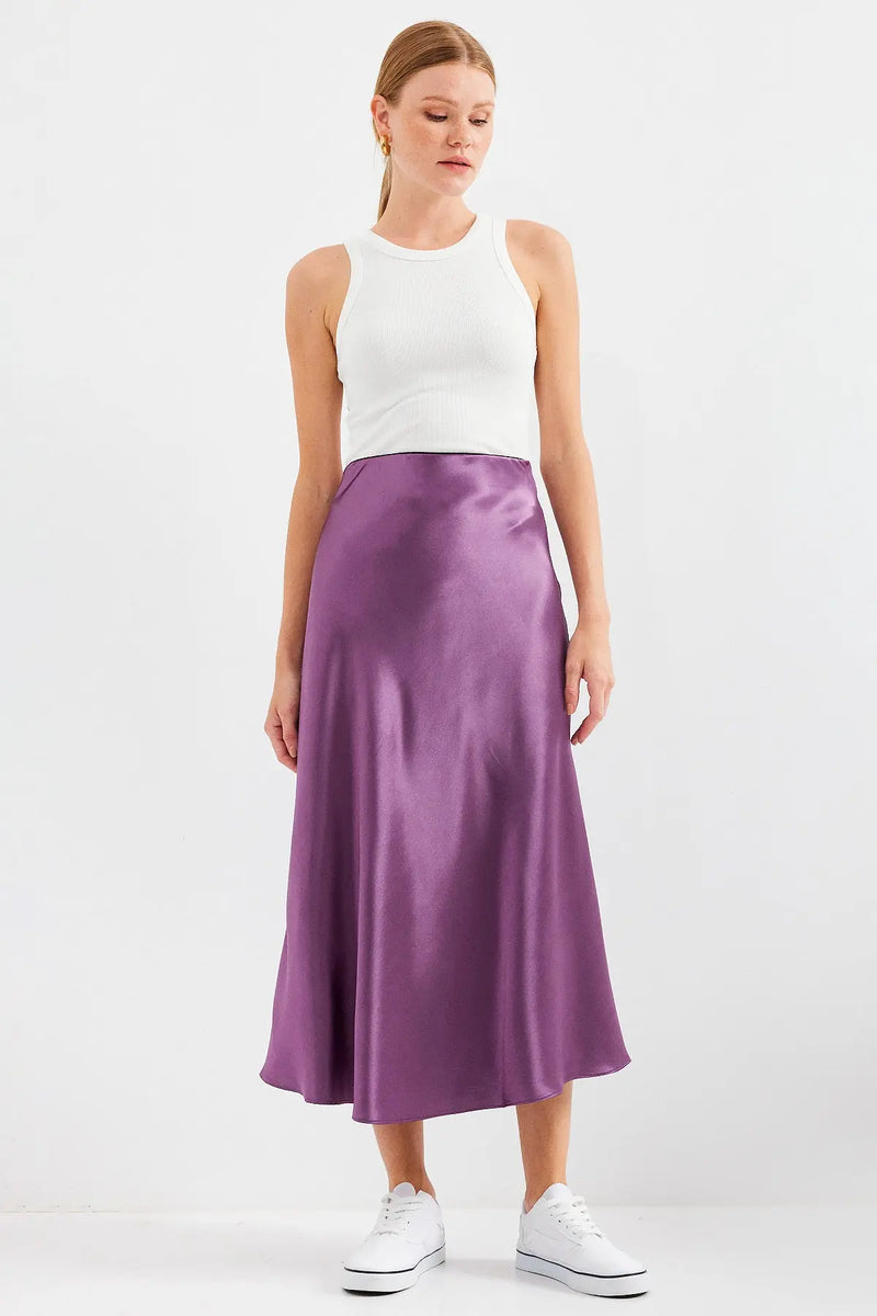 Jupe satin femme – Jupe midi fluide élégante 100% polyester