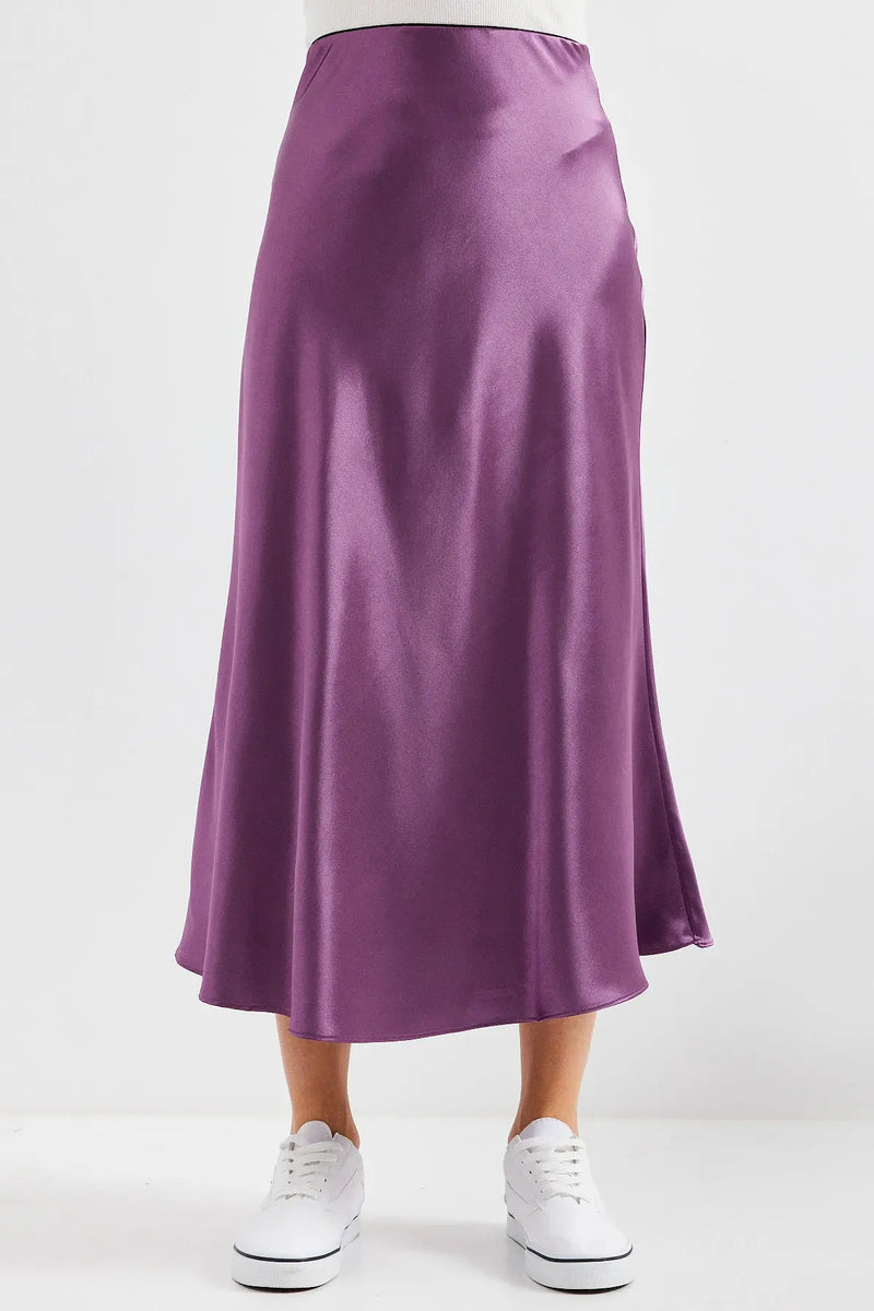 Jupe satin femme – Jupe midi fluide élégante 100% polyester