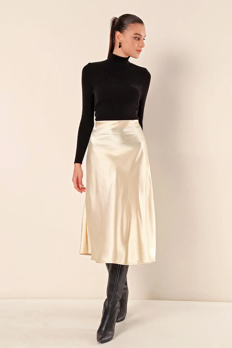 Jupe satin femme – Jupe midi fluide élégante 100% polyester