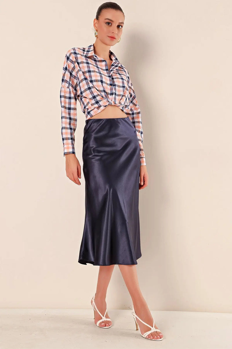 Jupe satin femme – Jupe midi fluide élégante 100% polyester