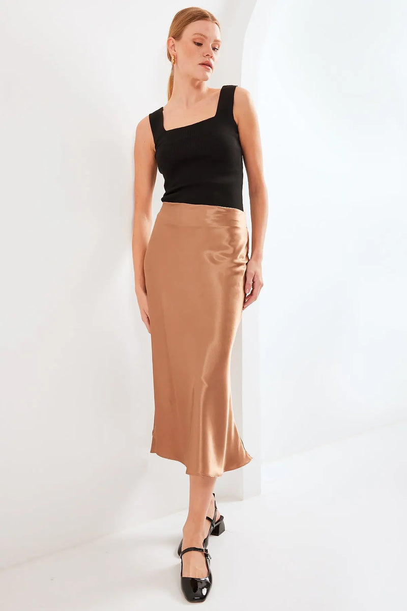 Jupe satin femme – Jupe midi fluide élégante 100% polyester