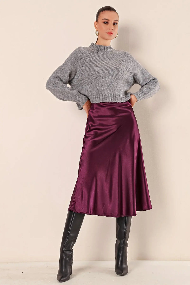 Jupe satin femme – Jupe midi fluide élégante 100% polyester
