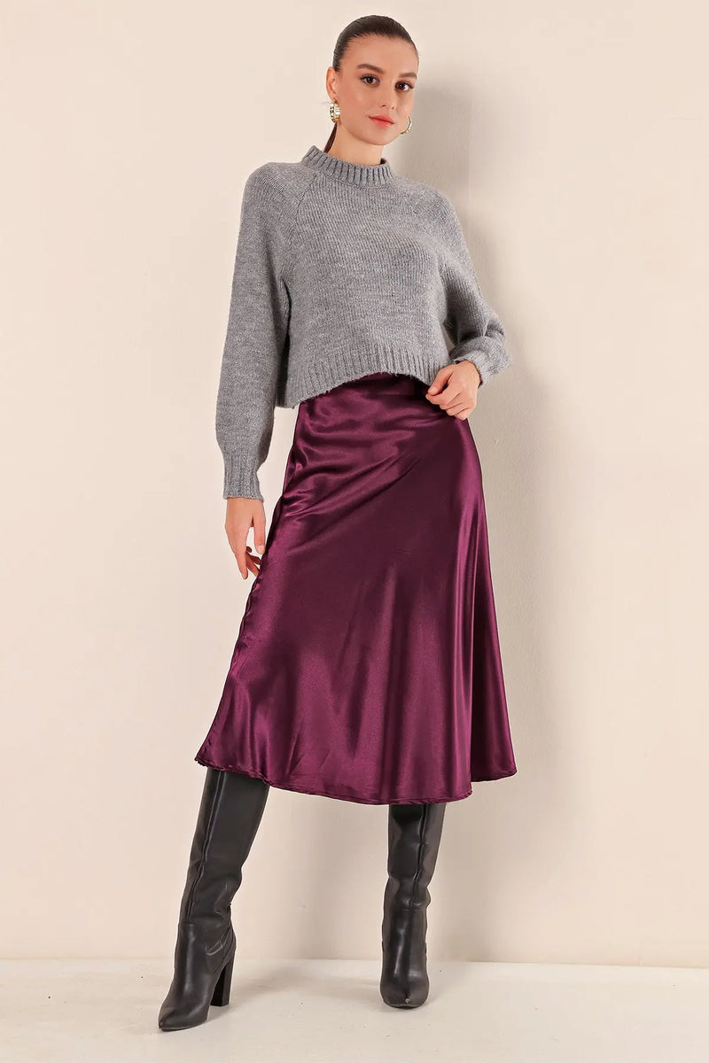 Jupe satin femme – Jupe midi fluide élégante 100% polyester