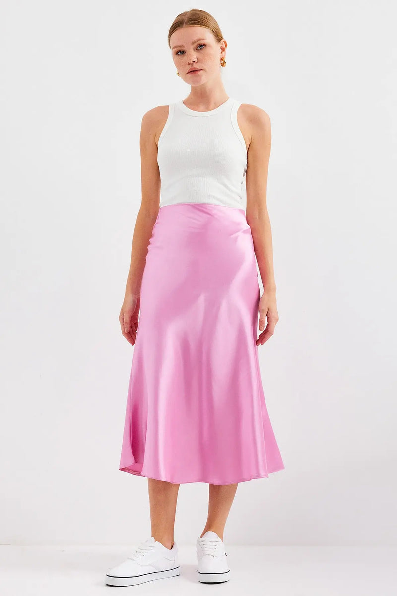 Jupe satin femme – Jupe midi fluide élégante 100% polyester