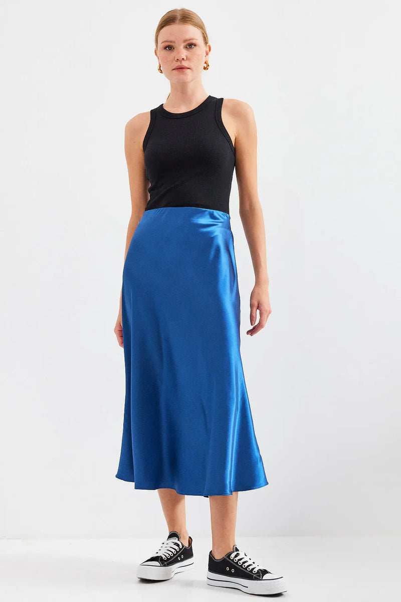 Jupe satin femme – Jupe midi fluide élégante 100% polyester