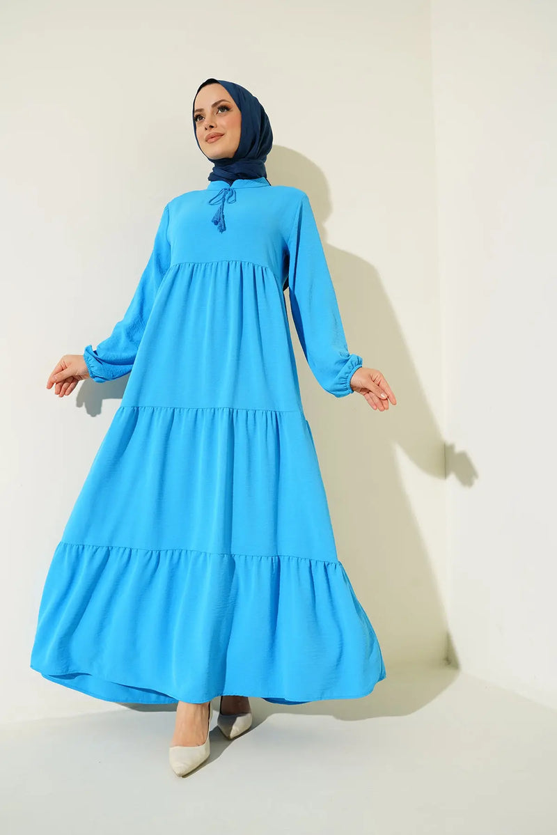 فستان نسائي طويل مزين بأربطة علي الياقه - مناسب للمحجبات 1627