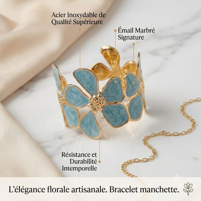 Bracelet Manchette Fleur Azur – Acier Inoxydable-Finition dorée brillante-Style féminin, raffiné et tendance