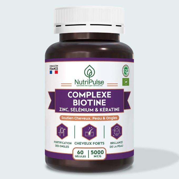 NutriPulse Complexe Biotine 5000 mcg Zinc Sélénium & Kératine – Cheveux Forts, Peau Radieuse & Ongles Renforcés 60 Gélules