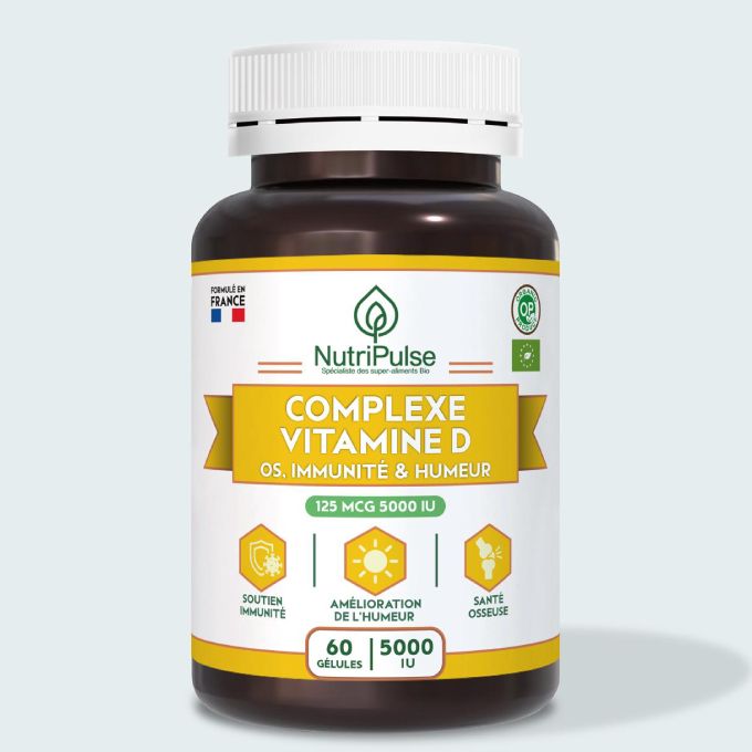 NutriPulse Complexe Vitamine D 5000 IU Santé des Os, Immunité & Humeur 125 mcg, 60 Gélules
