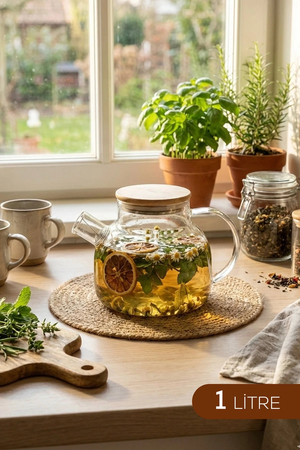 Théière en Verre avec Couvercle en Bambou – 1 Litre – Design Moderne