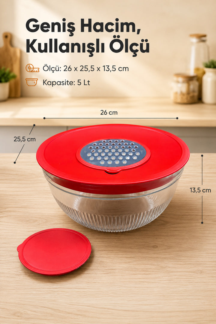 Bol Mélangeur en Verre 5 L avec Râpe et Couvercle Multifonction