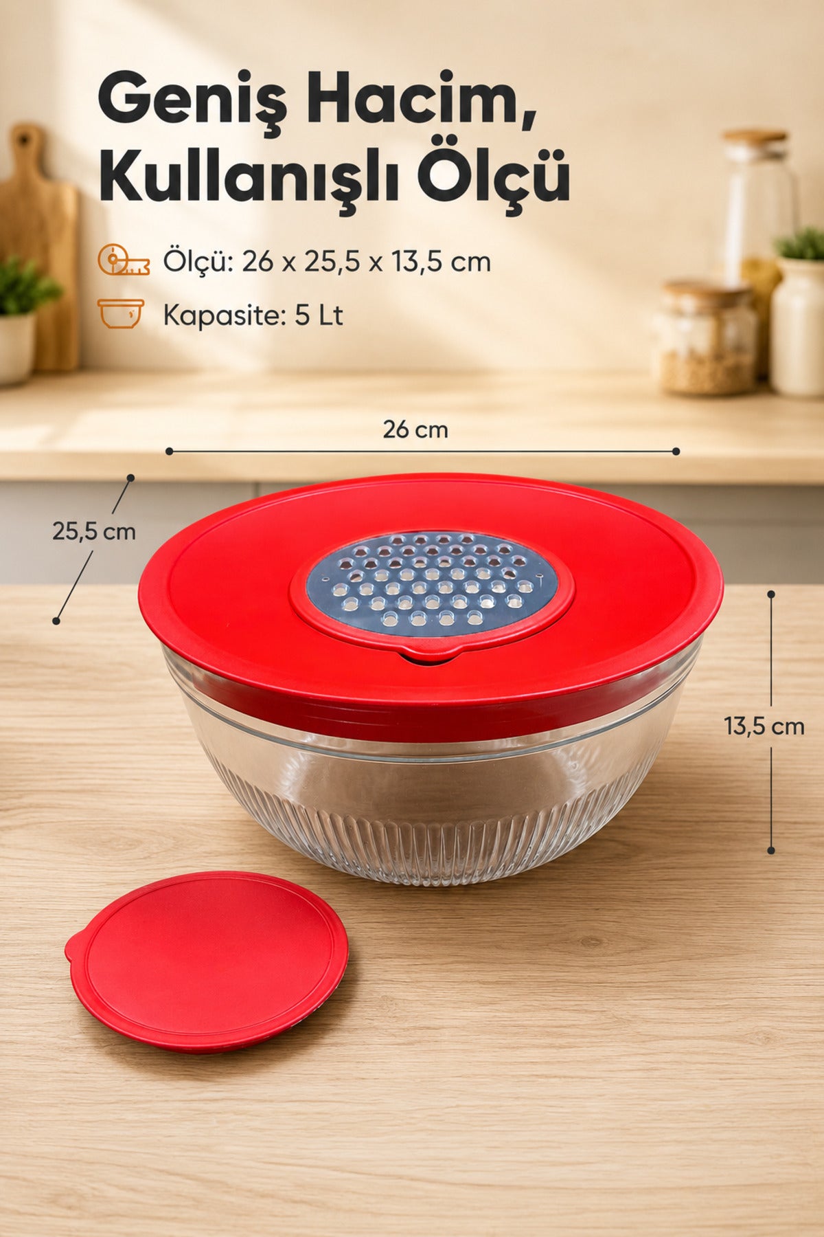 Bol Mélangeur en Verre 5 L avec Râpe et Couvercle Multifonction