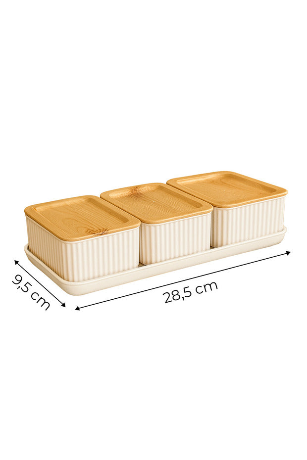 Plateau de service blanc avec 3 bols à couvercles pour petit-déjeuner