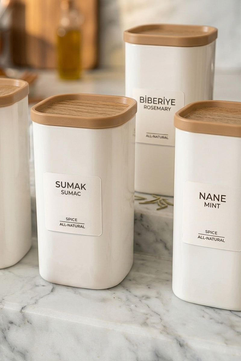 Set de 6 Pots à Épices 350 ml – Bocaux Hermétiques avec Étiquettes, Effet Bois