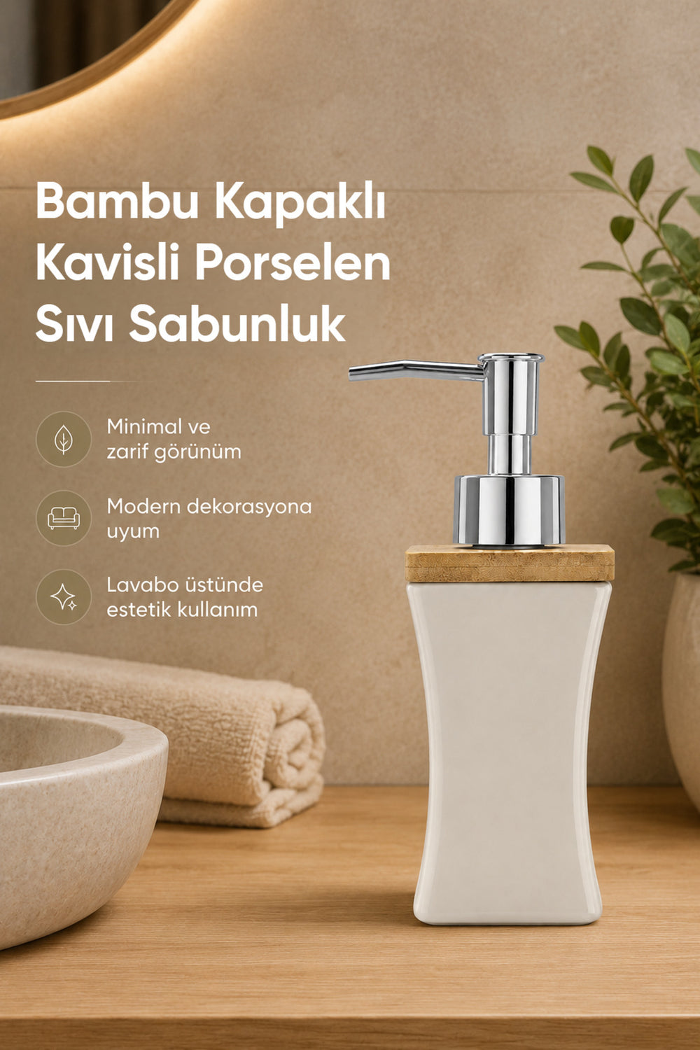 Distributeur de Savon Liquide en Porcelaine 280 ml avec Couvercle en Bambou