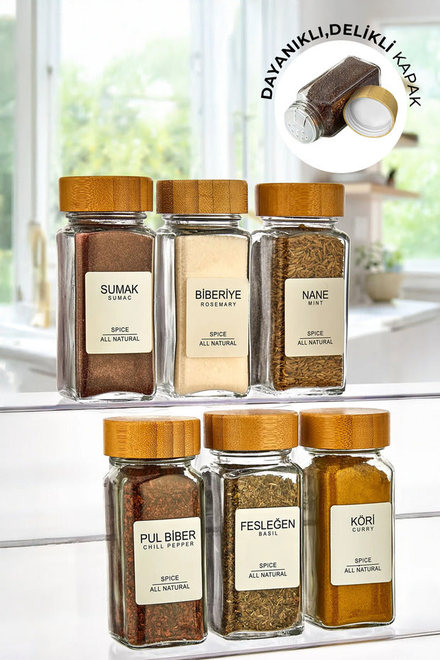 Lot de 6 Pots à Épices en Verre avec Couvercles Bambou