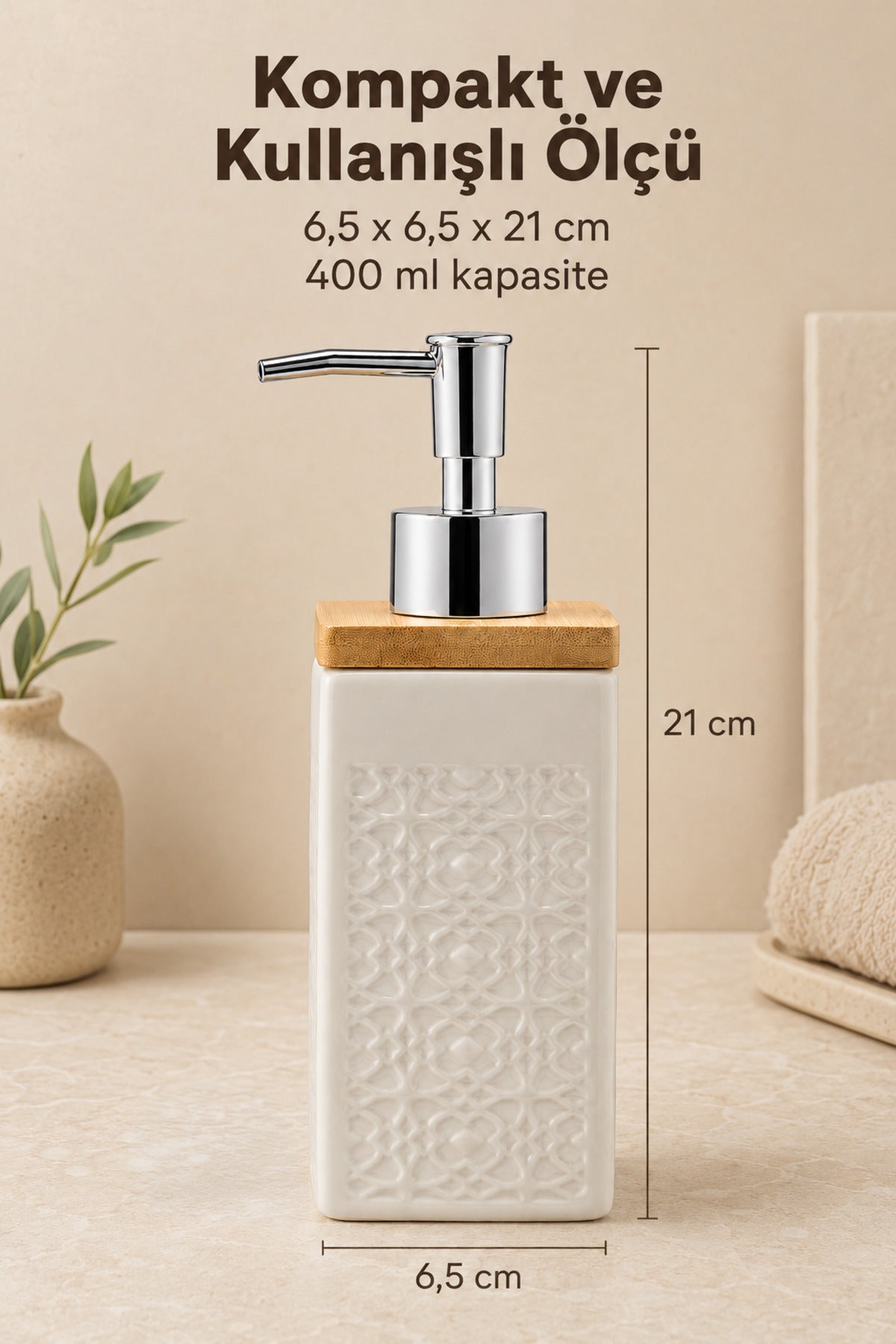 Distributeur de Savon Liquide en Porcelaine 400 ml avec Couvercle en Bambou
