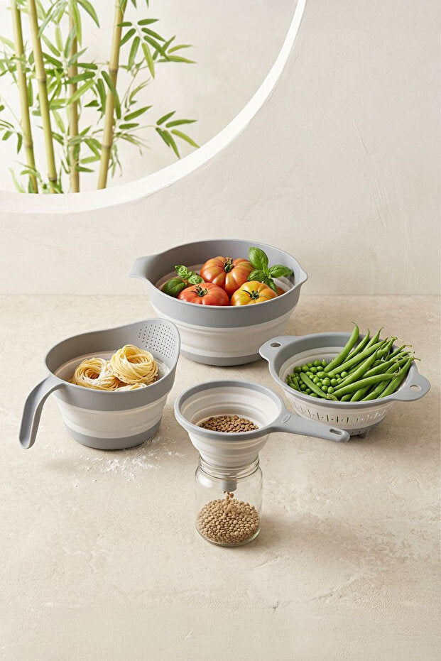 Set de Cuisine Pliable 4 Pièces – Bols et Égouttoir Multifonctions