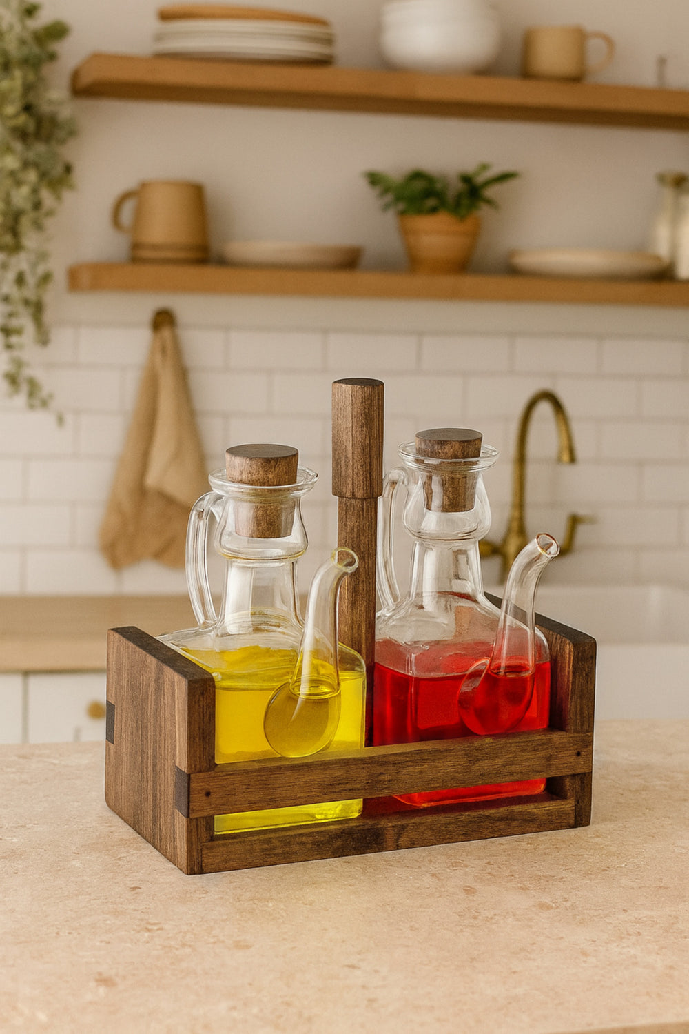 Set 2 Bouteilles à Huile et Vinaigre en Verre Borosilicate avec Support en Bois – 200 ml