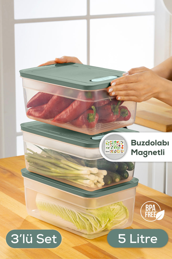 Lot de 3 boîtes de conservation réglables pour fruits et légumes 5 L – Couvercles verts