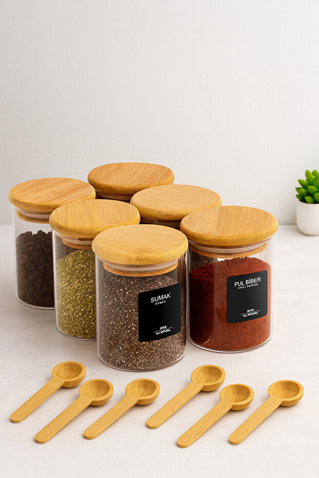 Set de 6 pots à épices en verre borosilicate avec couvercles en bambou