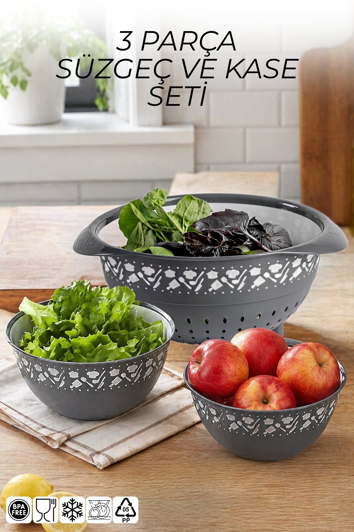 Set de 3 pièces passoire et bols en plastique pour cuisine