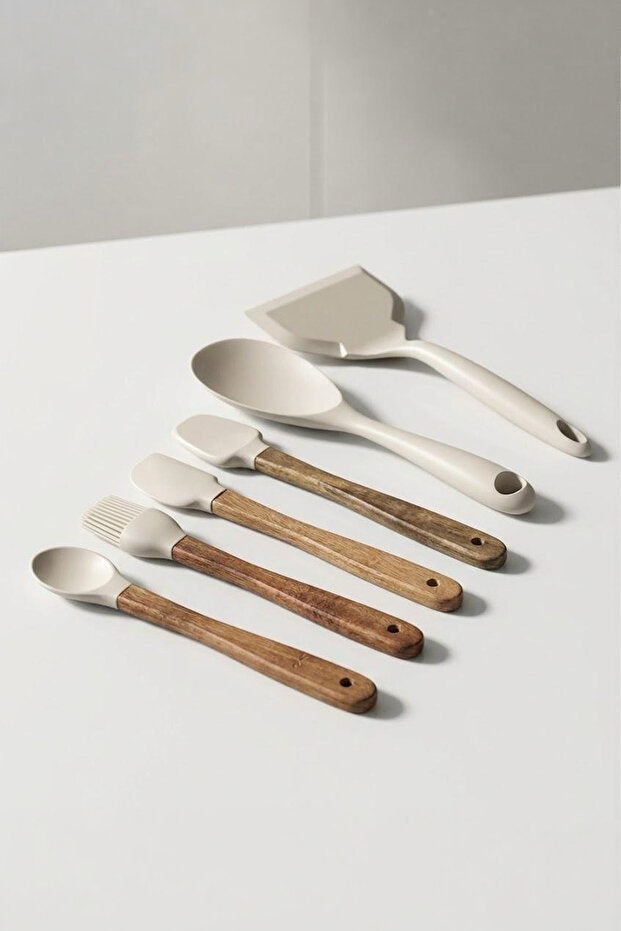 Set de 7 Ustensiles de Cuisine en Silicone avec Manches en Bois