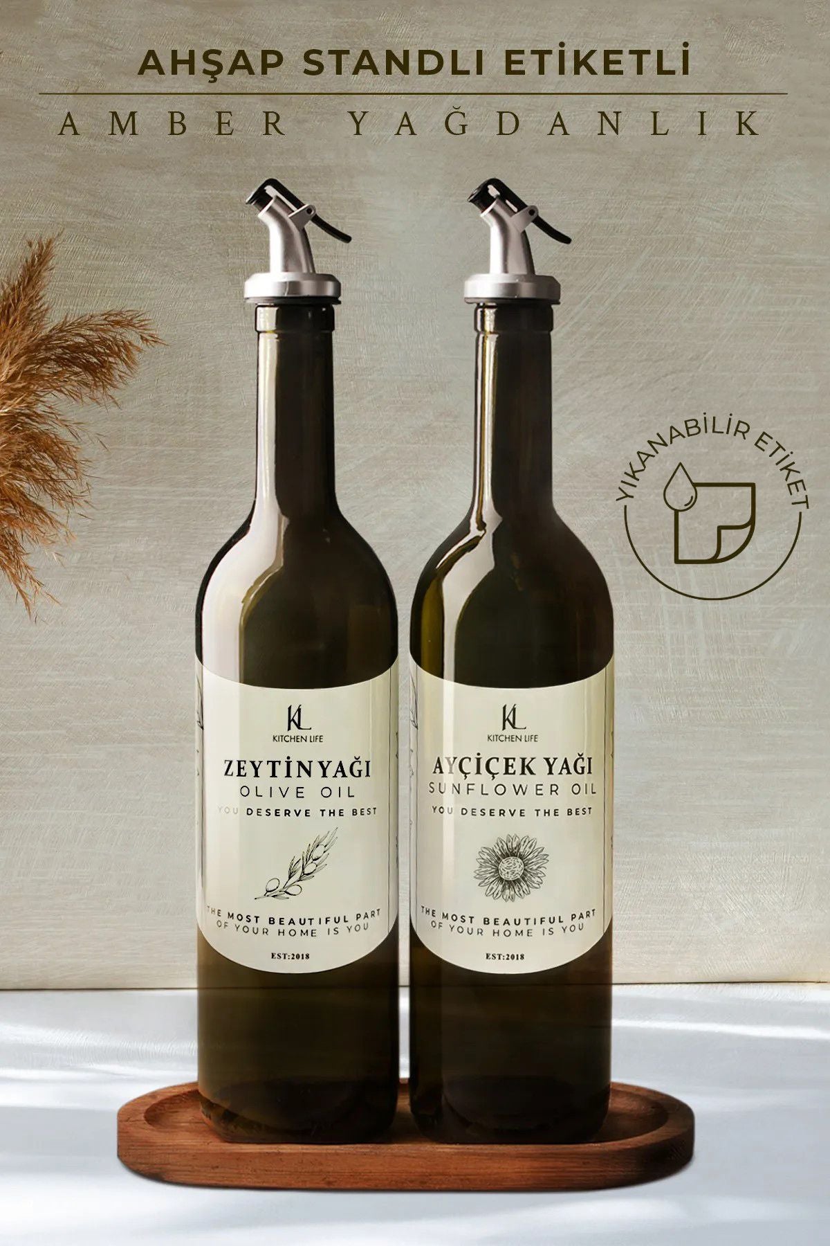 2 bouteilles d'huile en verre 750 ml avec support