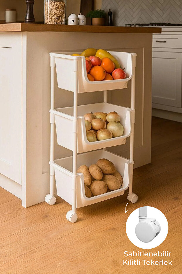 Étagère de Rangement 3 Niveaux à Roulettes
