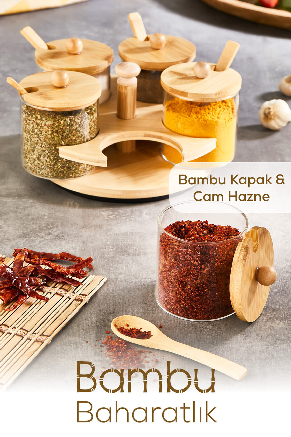 Set de 5 pots à épices en verre avec support en bambou et cuillères – Design naturel et élégant