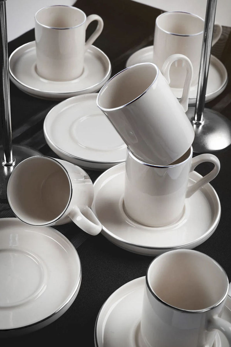 Service 12 tasses à café porcelaine 6 personnes – Finition argentée