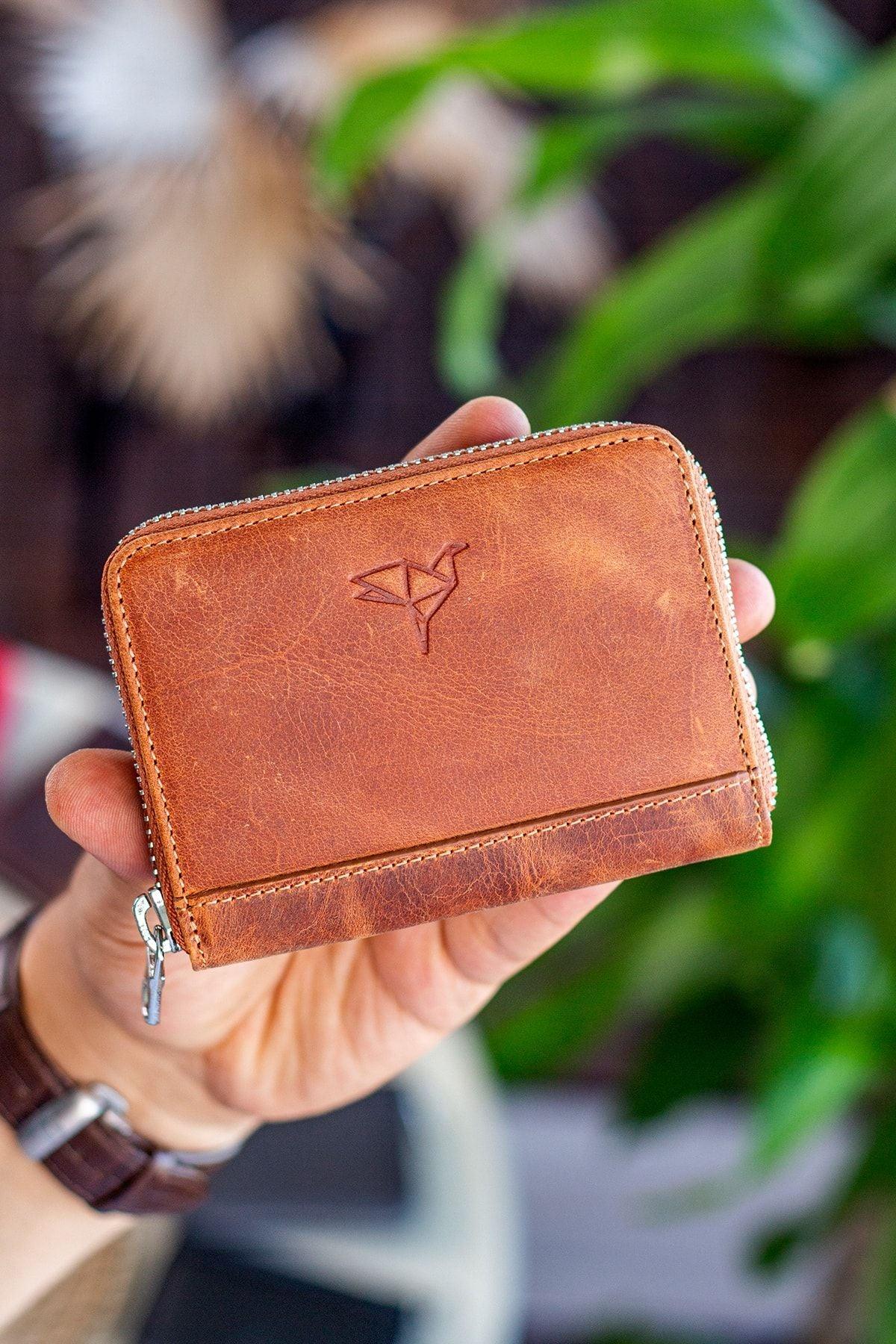 Portefeuille unisexe en cuir véritable Crazy Leather zippé avec porte-monnaie – Taba Sydney - Justyol