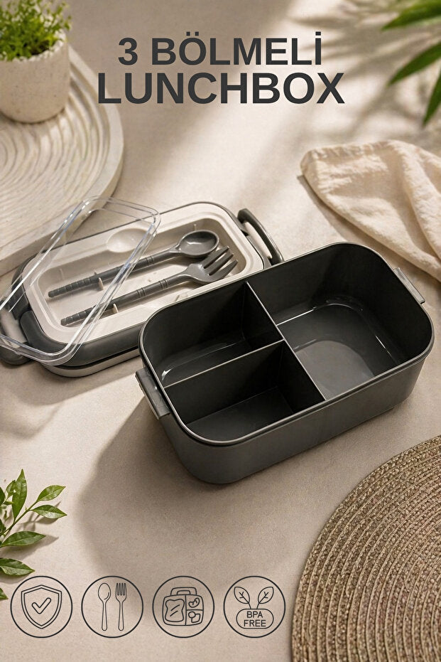 Lunch Box Compartimentée avec Cuillère et Fourchette – 3 Compartiments