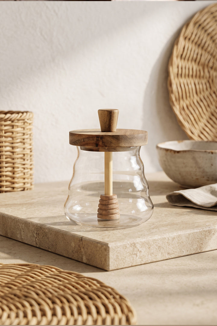 Pot à Miel en Verre 500 ml avec Couvercle en Bois et Cuillère