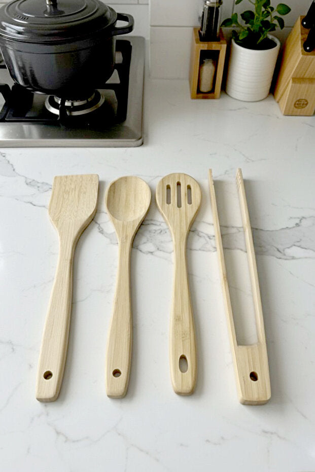 Set de 4 Cuillères de Cuisine en Bambou Naturel Multifonction