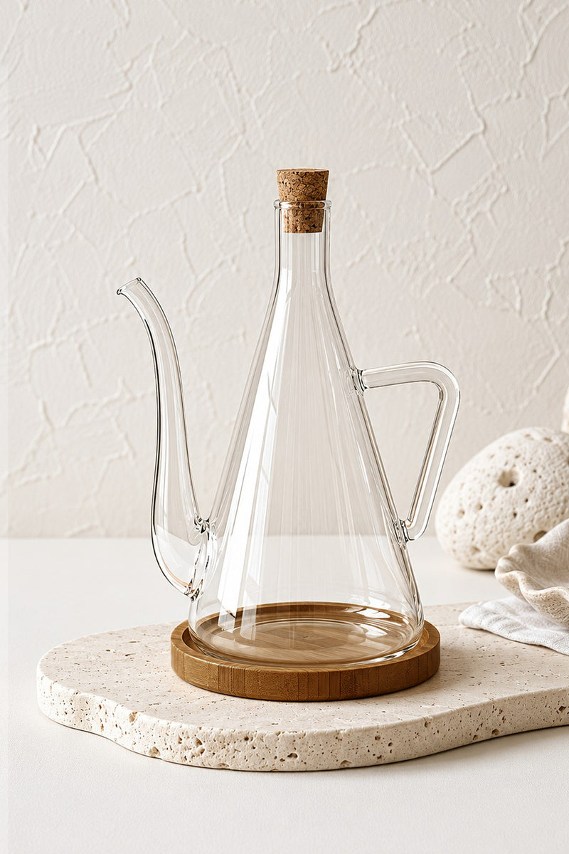 Set Huile & Vinaigre en Verre Borosilicate 500 ml avec Support en Bois