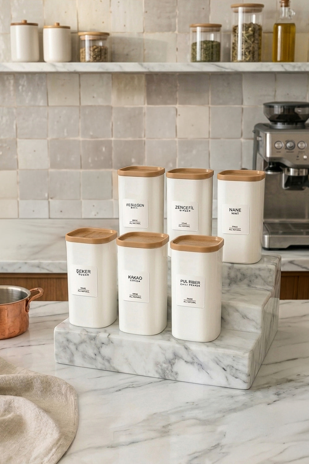 Set de 6 Pots à Épices 350 ml – Bocaux Hermétiques avec Étiquettes, Effet Bois