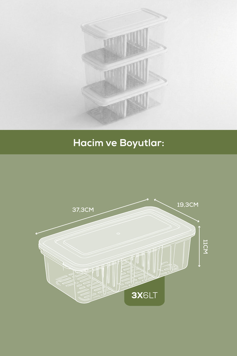 Lot de 3 Boîtes de Rangement 6 L avec Compartiments Ajustables – Organisateur de Réfrigérateur