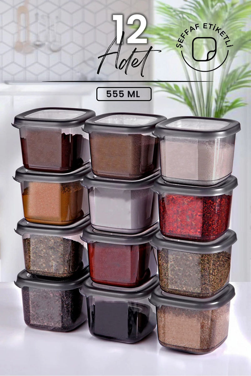 Set de 12 pots à épices anthracite 555 ml avec étiquettes