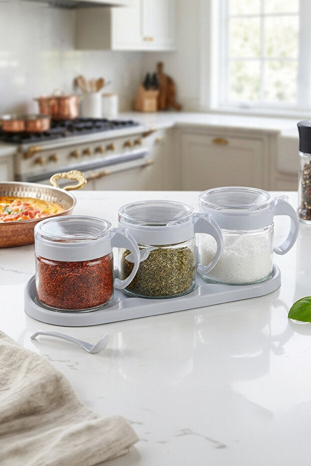 Lot de 3 Pots à Épices en Verre 300 ml avec Support et Cuillères