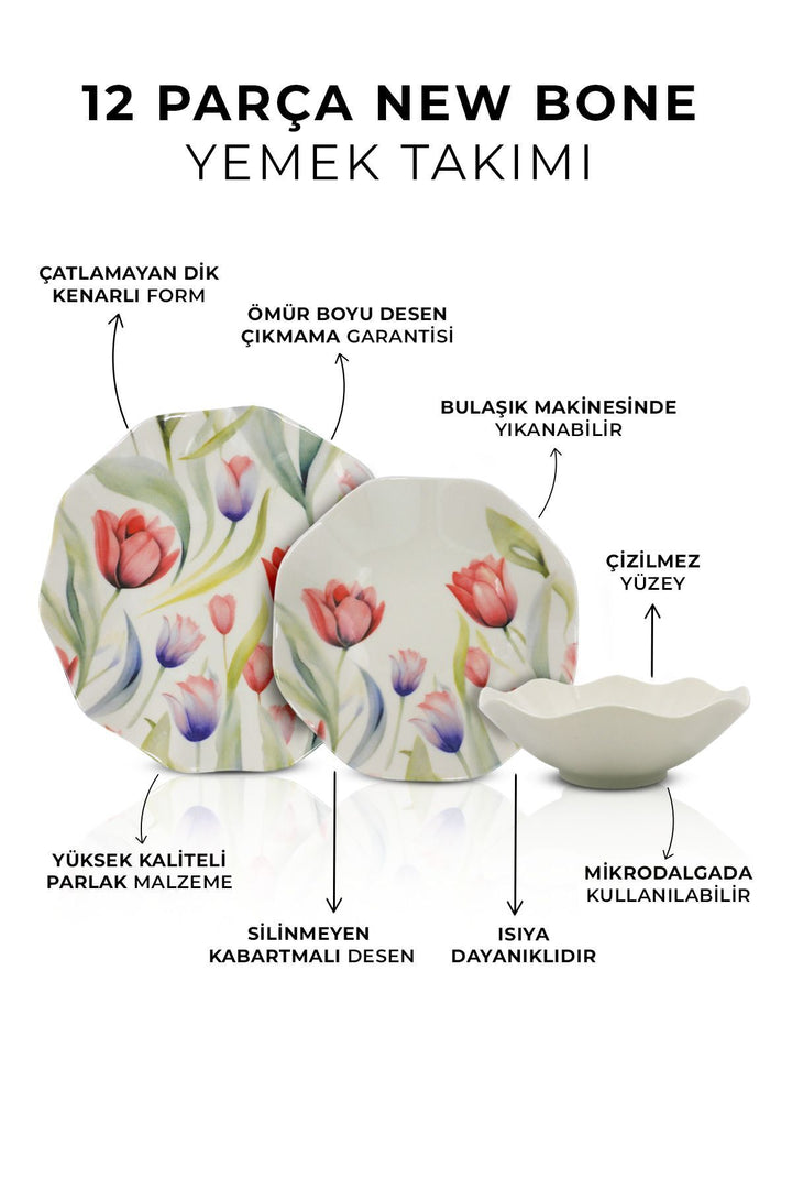Service de table en porcelaine 4 personnes 12 pièces motif floral – assiettes à soupe, plates et de service