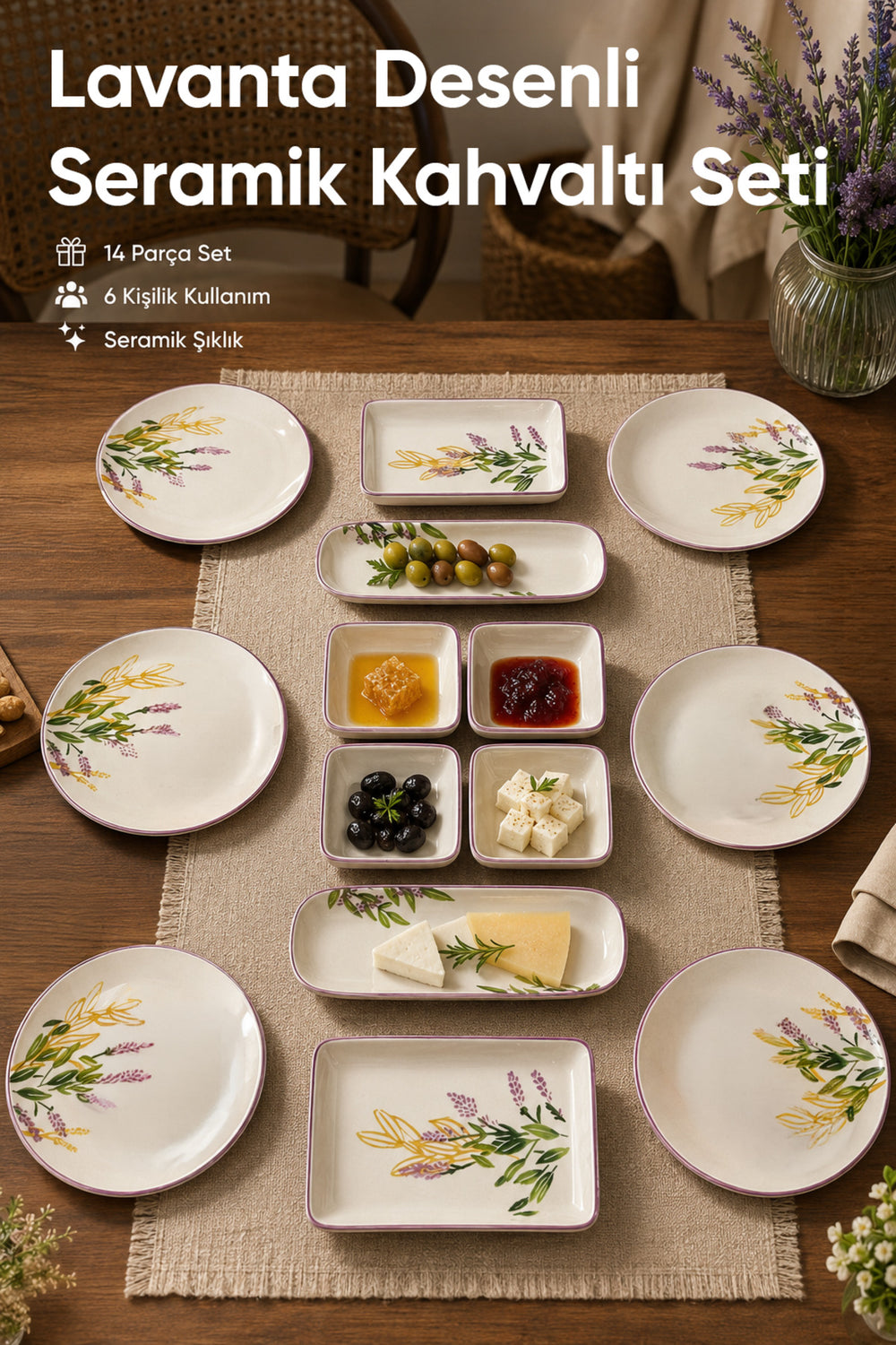 Service Petit-Déjeuner en Céramique 14 Pièces pour 6 Personnes Motif Lavande